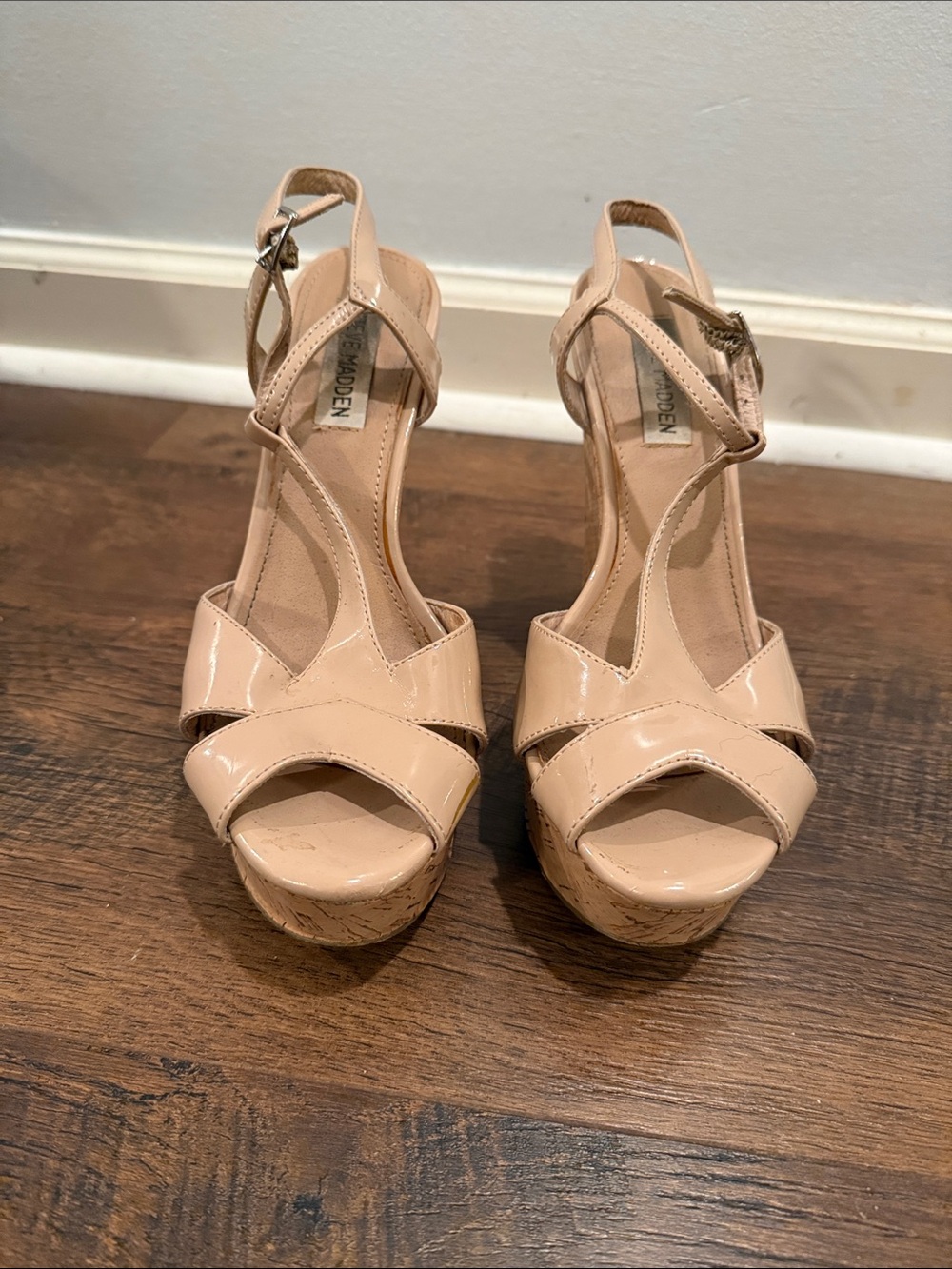 Steve Madden Nude Patent Cork Wedge Sandals with Ankle Strap - Picture 3 of 4
